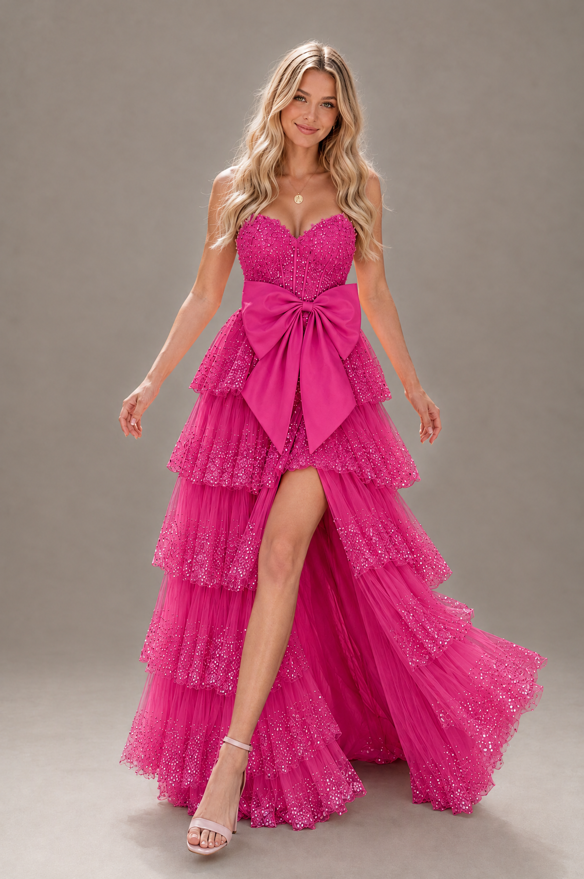 BOLODOO Hot Pink Strapless Tiered Tulle Prom Dress with Bow - Hot Pink - Hot_Pink_4