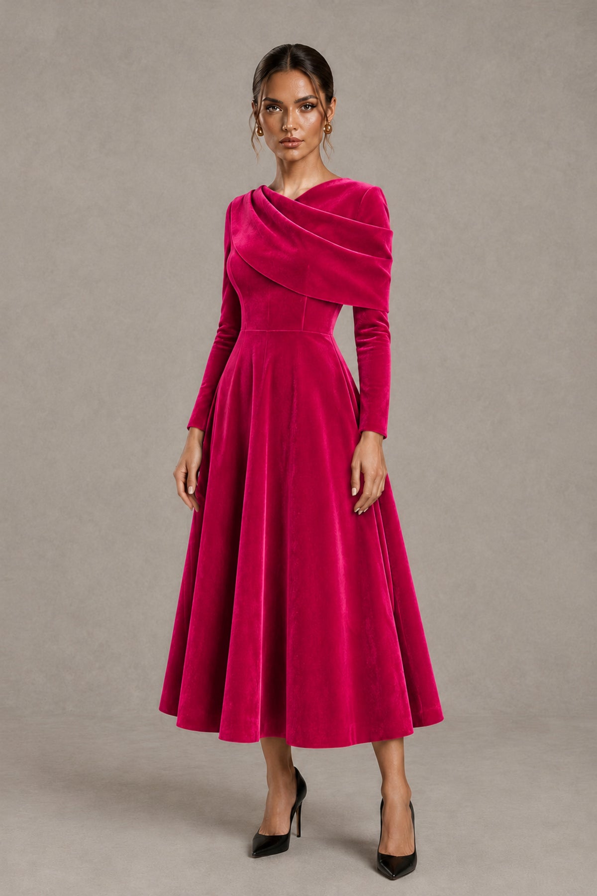 BOLODOO Hot Pink Velvet-Look Long Sleeve Tea-Length A-Line Dress with Draped Neckline - Hot Pink - Hot Pink_4
