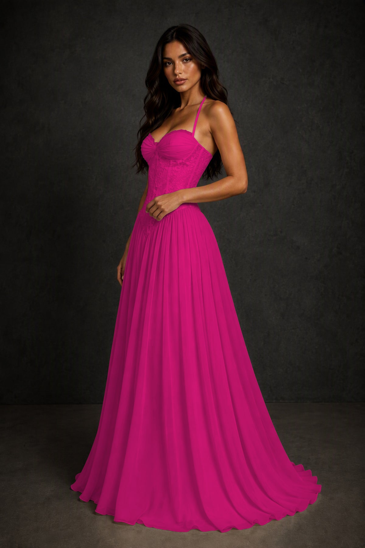 BOLODOO Hot Pink Lace Corset Halter Maxi Gown – Backless A-Line Formal Dress - Hot Pink