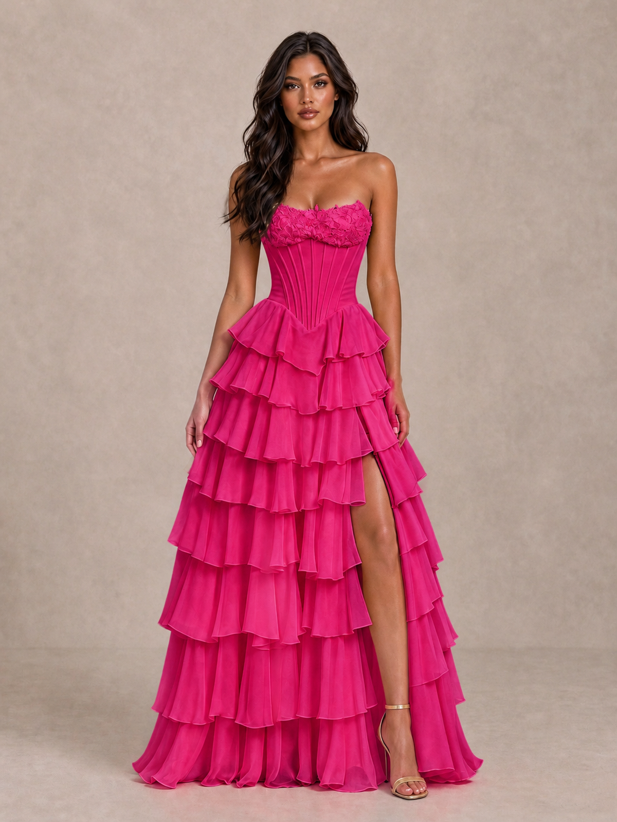 BOLODOO Hot Pink Strapless Corset Tiered Ruffle Prom Dress with High Slit - Hot Pink - Hot Pink_4