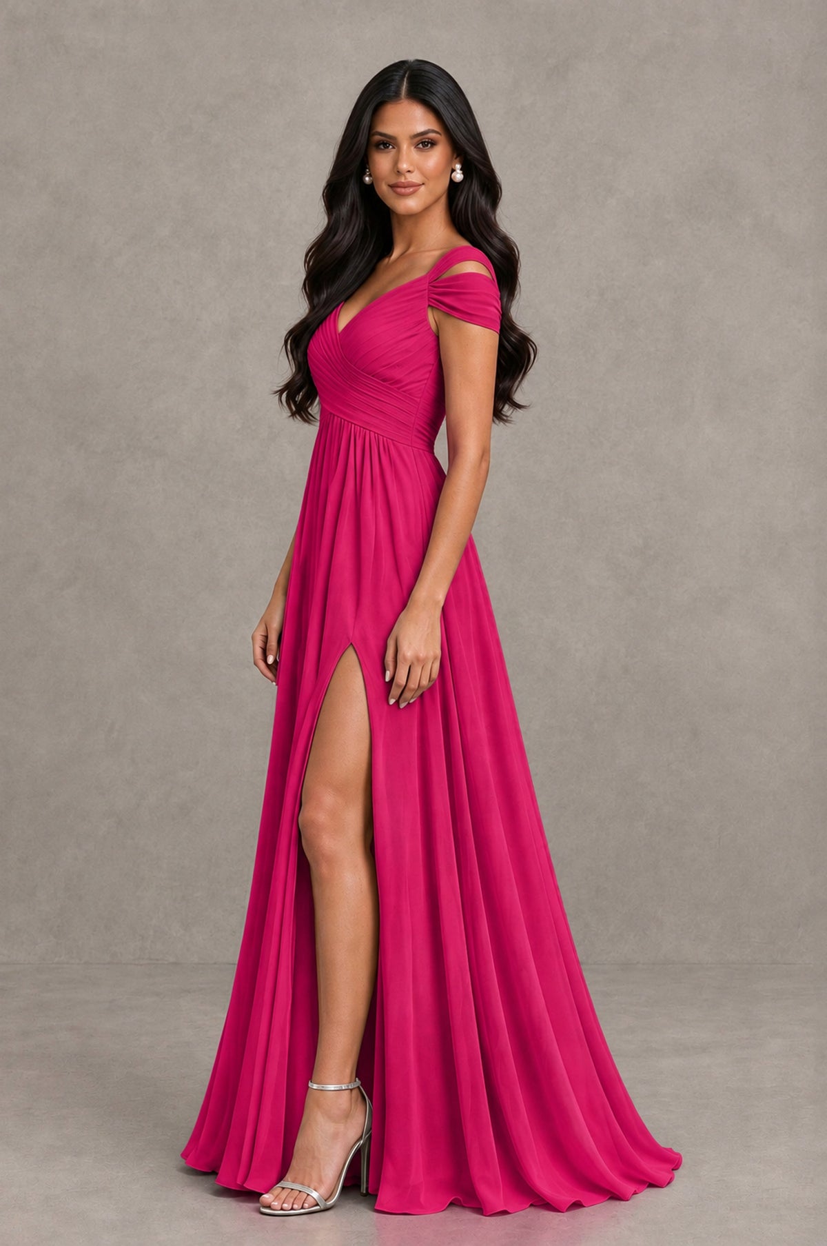 BOLODOO Hot Pink Cold Shoulder Chiffon Evening Dress with V Neck and High Slit - Hot Pink - Hot Pink_4