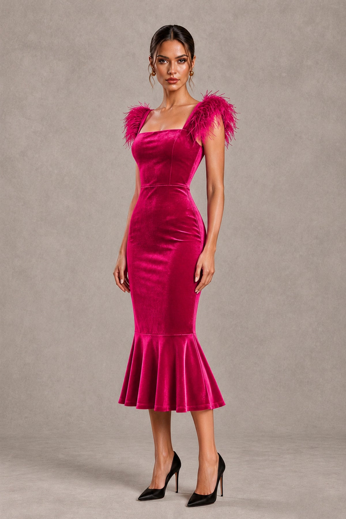 BOLODOO Hot Pink Feather-Trim Velvet-Look Mermaid Midi Dress - Hot Pink - Hot Pink_4