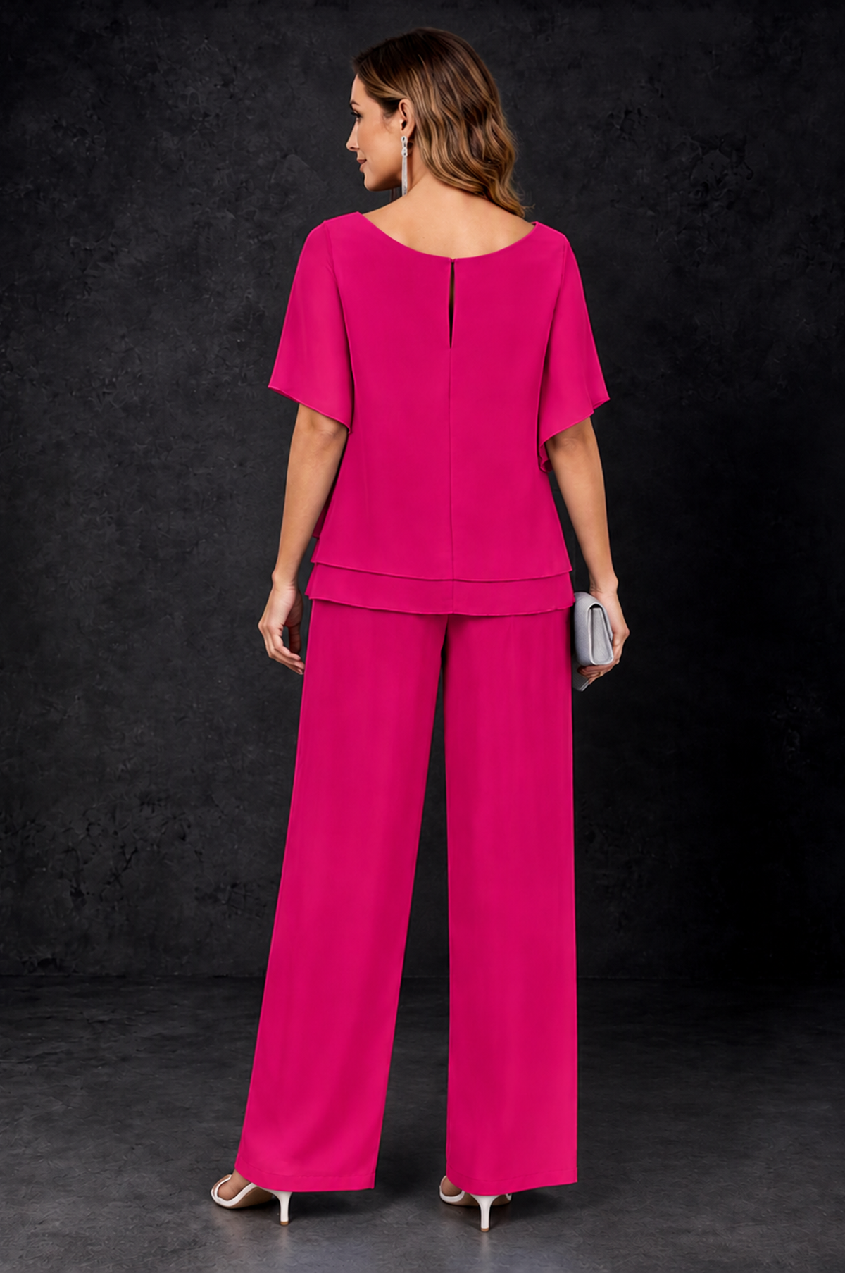 BOLODOO Hot Pink Layered Chiffon-Look Mother of the Bride Pantsuit - Hot Pink - Hot_Pink_4
