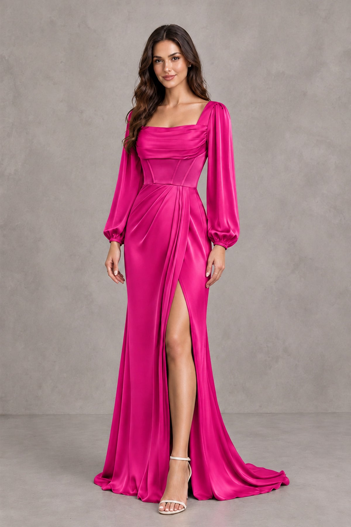 BOLODOO Hot Pink Satin-Look Long Sleeve Evening Dress with High Slit - Hot Pink - Hot Pink_4