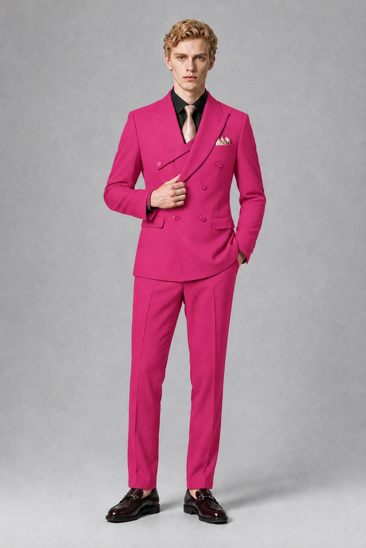 BOLODOO Men's Hot Pink Double-Breasted Two-Piece Suit – Jacket & Trousers - Hot Pink