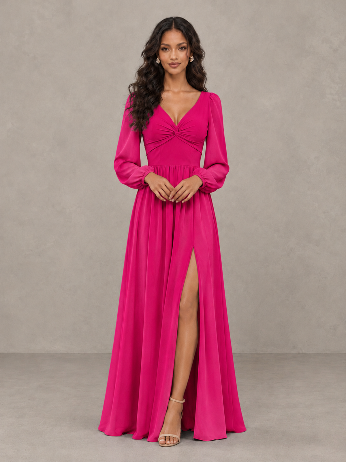 BOLODOO Hot Pink V-Neck Long Sleeve Bridesmaid Dress with Tie Back and Slit - Hot Pink - Hot Pink_5