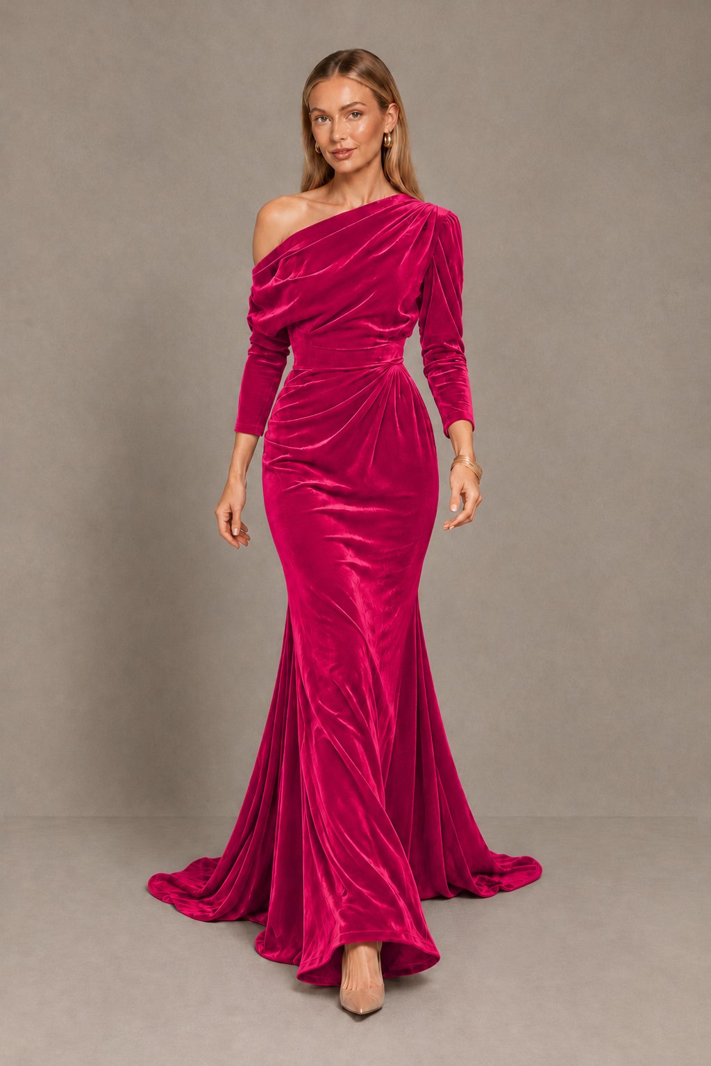 BOLODOO Hot Pink Velvet Asymmetric Neck Mermaid Evening Dress - Hot Pink - Hot Pink_5