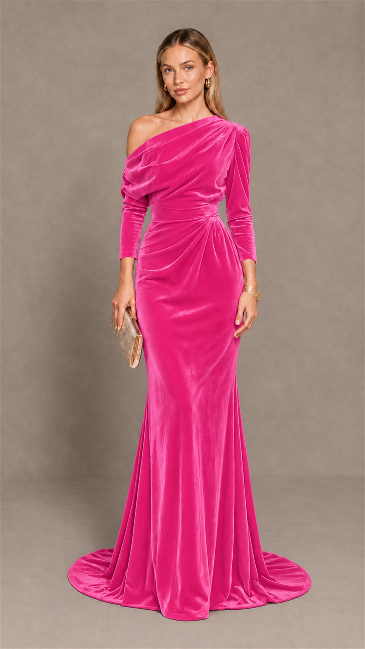 BOLODOO Hot Pink Velvet One-Shoulder Long Sleeve Evening Gown - Hot Pink