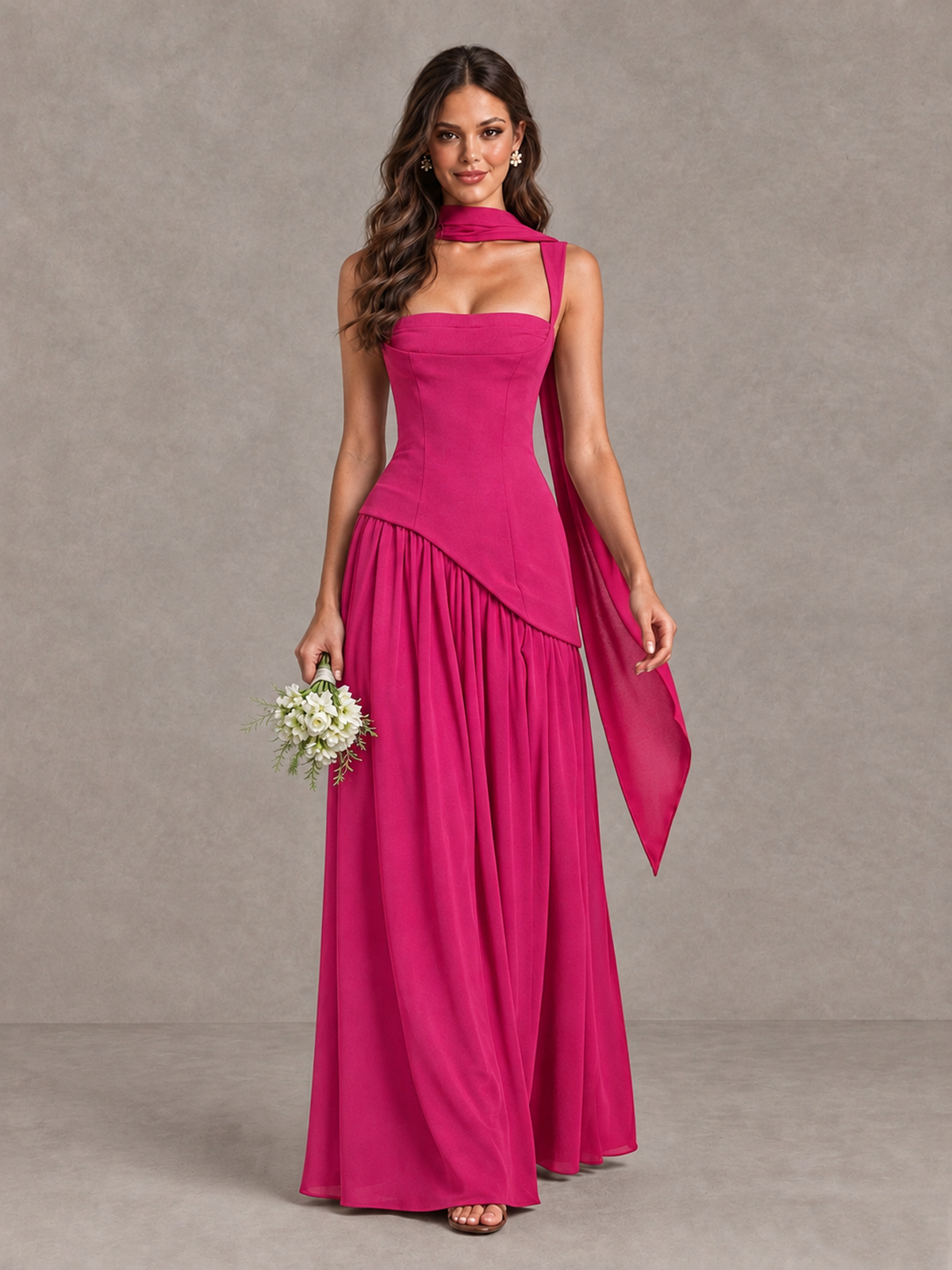 BOLODOO Hot Pink Brown Scarf Bridesmaid Dress with Lace-Up Back - Hot Pink - Hot Pink (1)