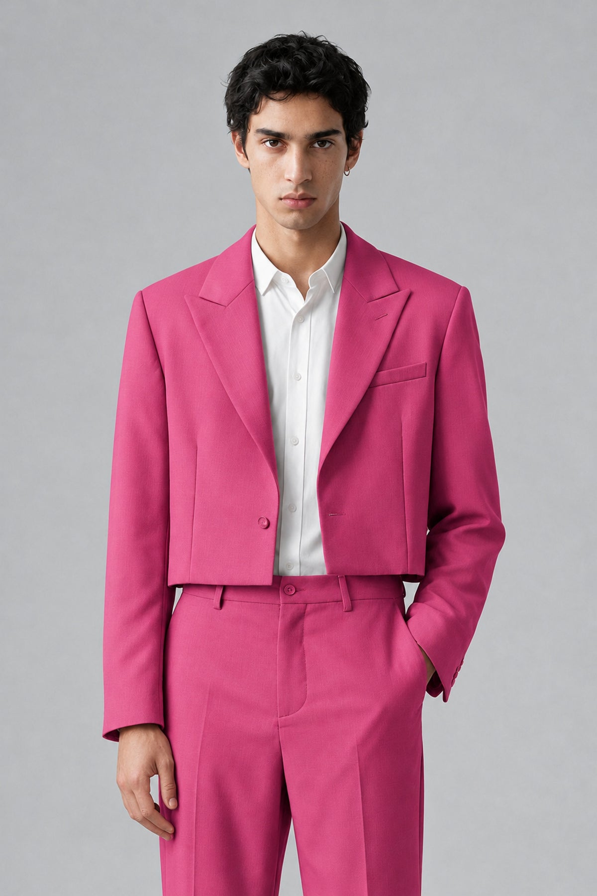 Bolodoo Men's Hot Pink Cropped Blazer & Wide-Leg Trousers 2-Piece Suit - Hot_Pink - Hot_Pink (1)