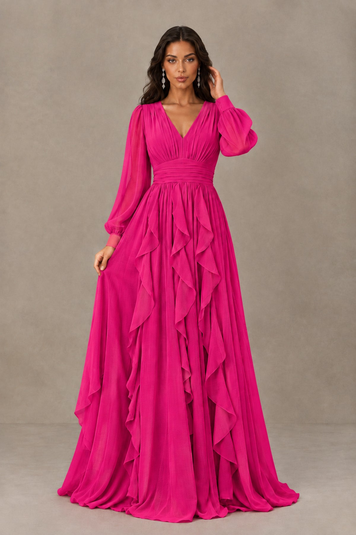 BOLODOO Hot Pink Long Sleeve V-Neck Ruffle Maxi Dress - Hot Pink