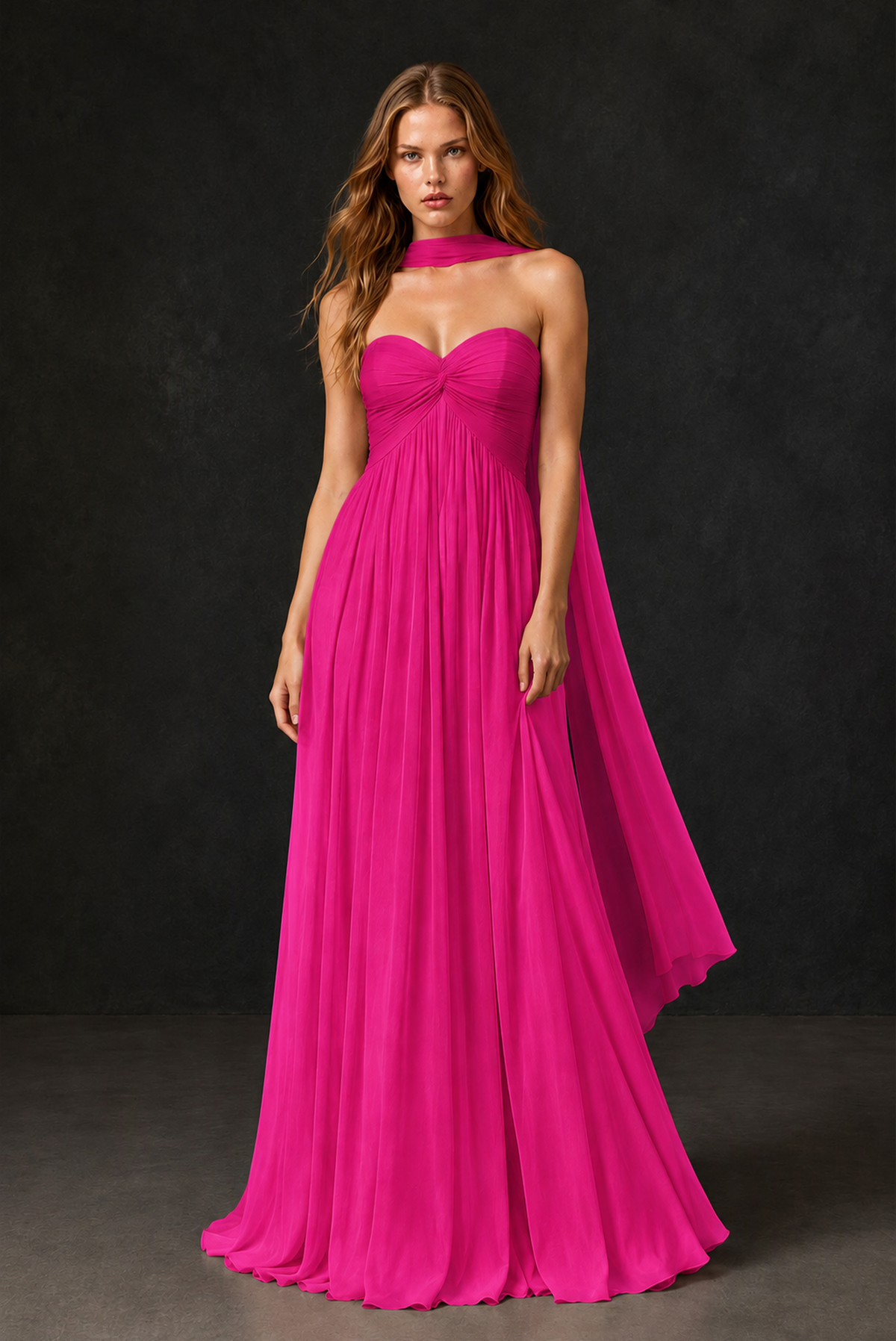 BOLODOO Hot Pink Sweetheart Strapless Twist Knot Detached Halter Scarf Lace-Up Back Empire Waist Chiffon Maxi Dress - Hot Pink