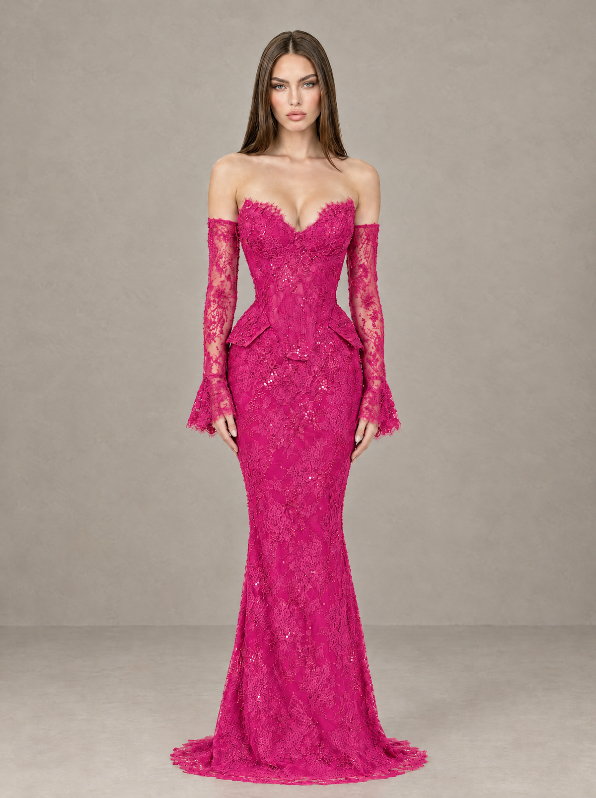 BOLODOO Hot Pink Lace Off-the-Shoulder Long Sleeve Mermaid Evening Gown - Hot Pink - Hot Pink (1)