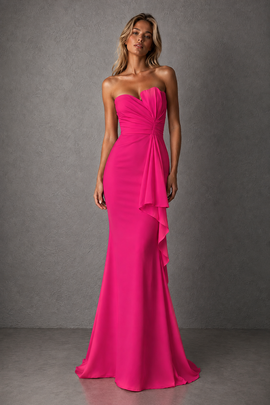 BOLODOO Hot Pink Strapless Sweetheart Ruched Mermaid Gown | Cascade Drape Formal Evening Dress - Hot Pink