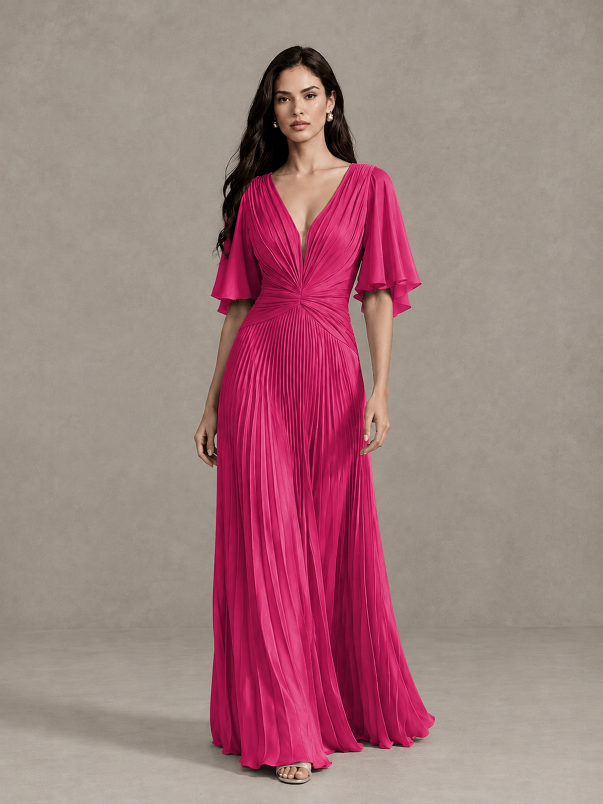 BOLODOO Hot Pink Pleated V-Neck Flutter Sleeve Bridesmaid Dress - Hot Pink - Hot Pink (1)