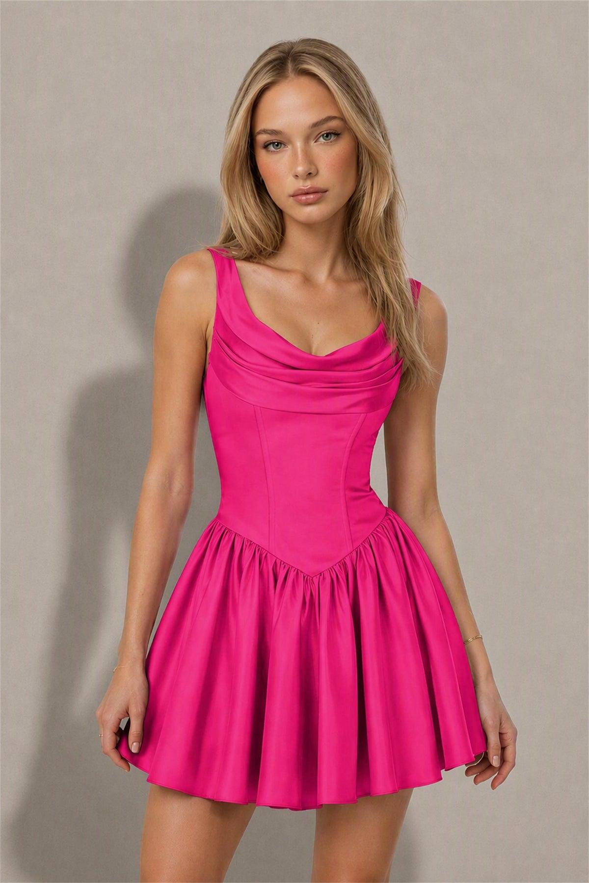 BOLODOO Hot Pink Satin Cowl Neck Wide Strap Corset Lace-Up Back Fit and Flare Mini Dress | Prom Cocktail Date Night Dress - Hot Pink
