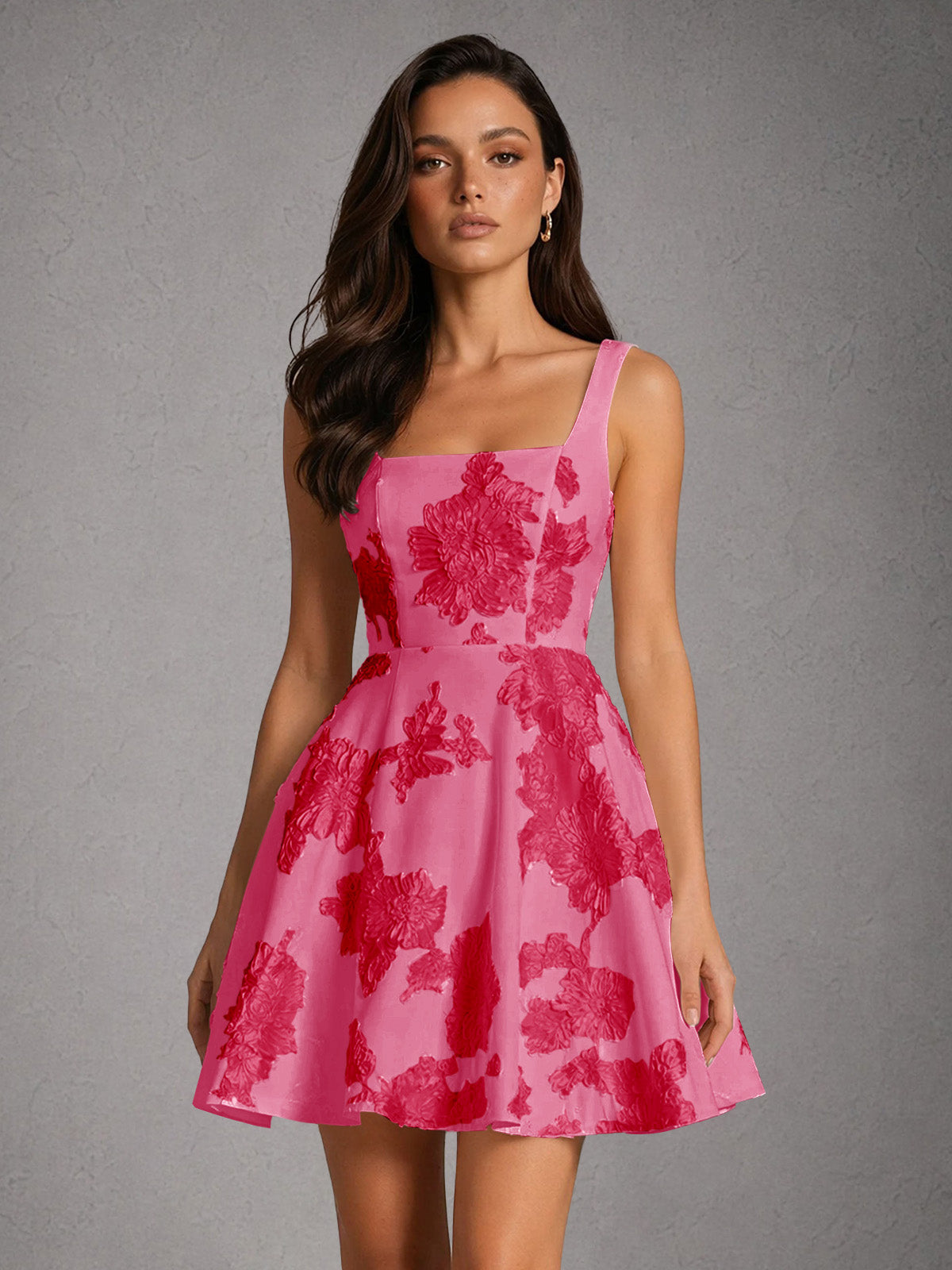 BOLODOO Pearl Hot Pink Iridescent Floral Embroidered Square Neck Wide Strap A-Line Mini Dress with Lace-Up Back - Hot Pink