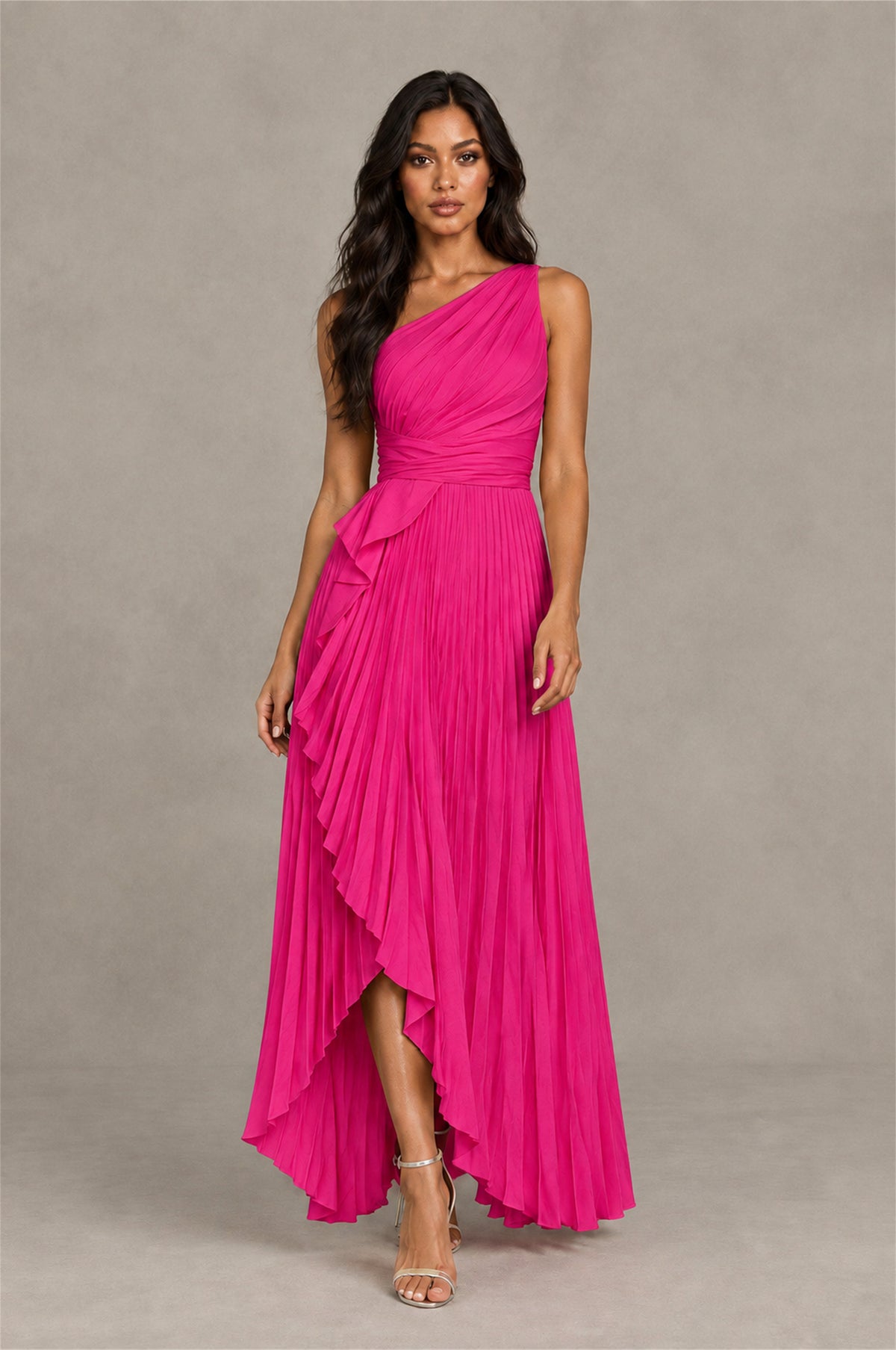 BOLODOO Hot Pink One-Shoulder High-Low Ruffle Maxi Dress - Hot Pink