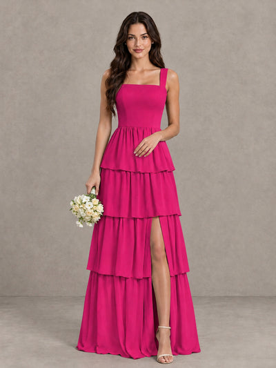 BOLODOO Hot Pink Square Neck Tiered Bridesmaid Dress with Slit - Hot Pink - Hot Pink (1)