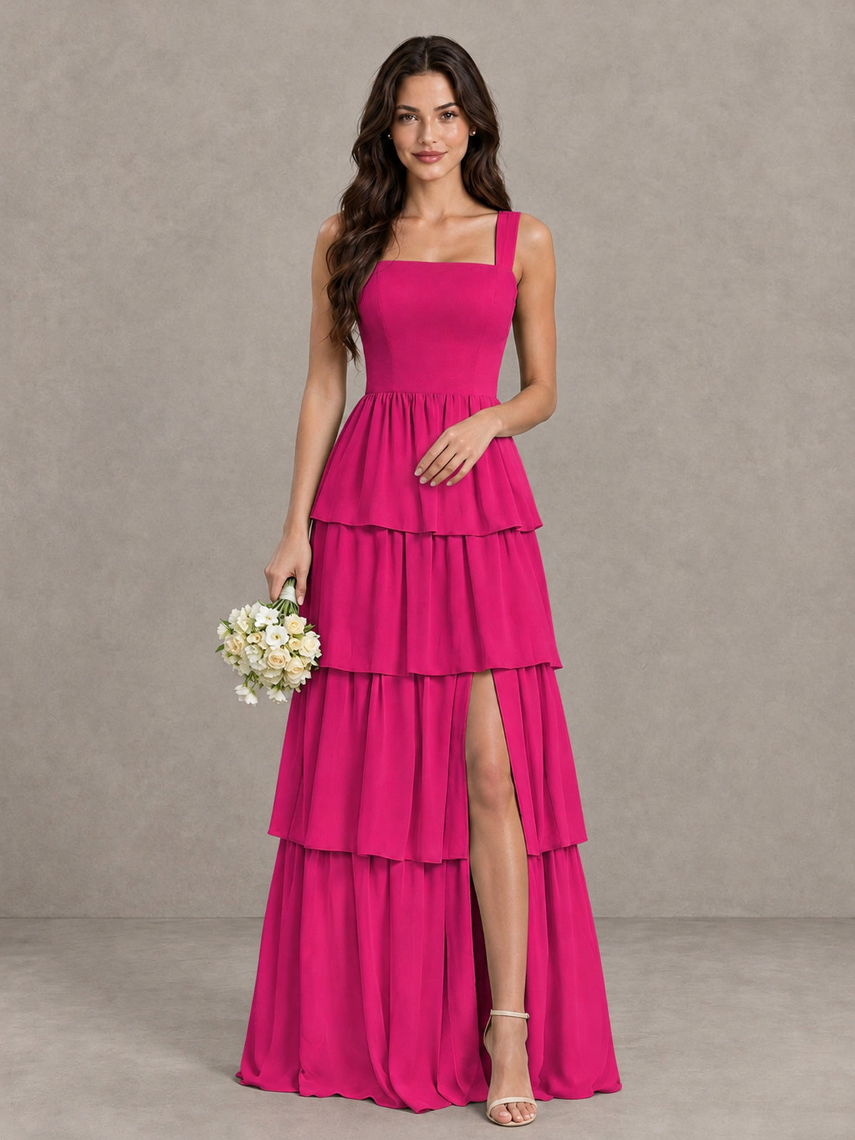 BOLODOO Hot Pink Square Neck Tiered Bridesmaid Dress with Slit - Hot Pink - Hot Pink (1)