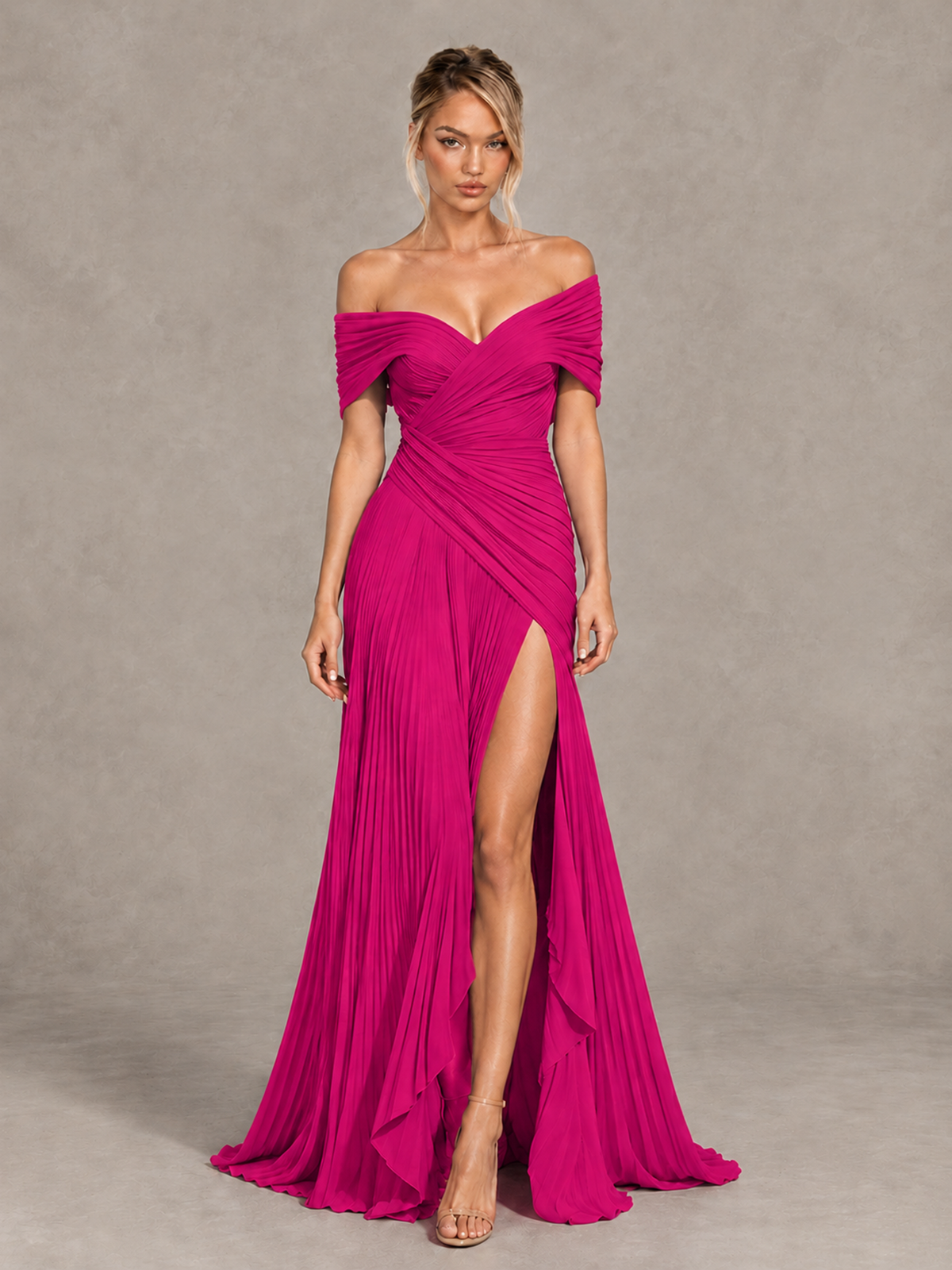 BOLODOO Hot Pink Off-Shoulder Ruched Pleated Maxi Dress with High Slit - Hot Pink - Hot Pink (1)