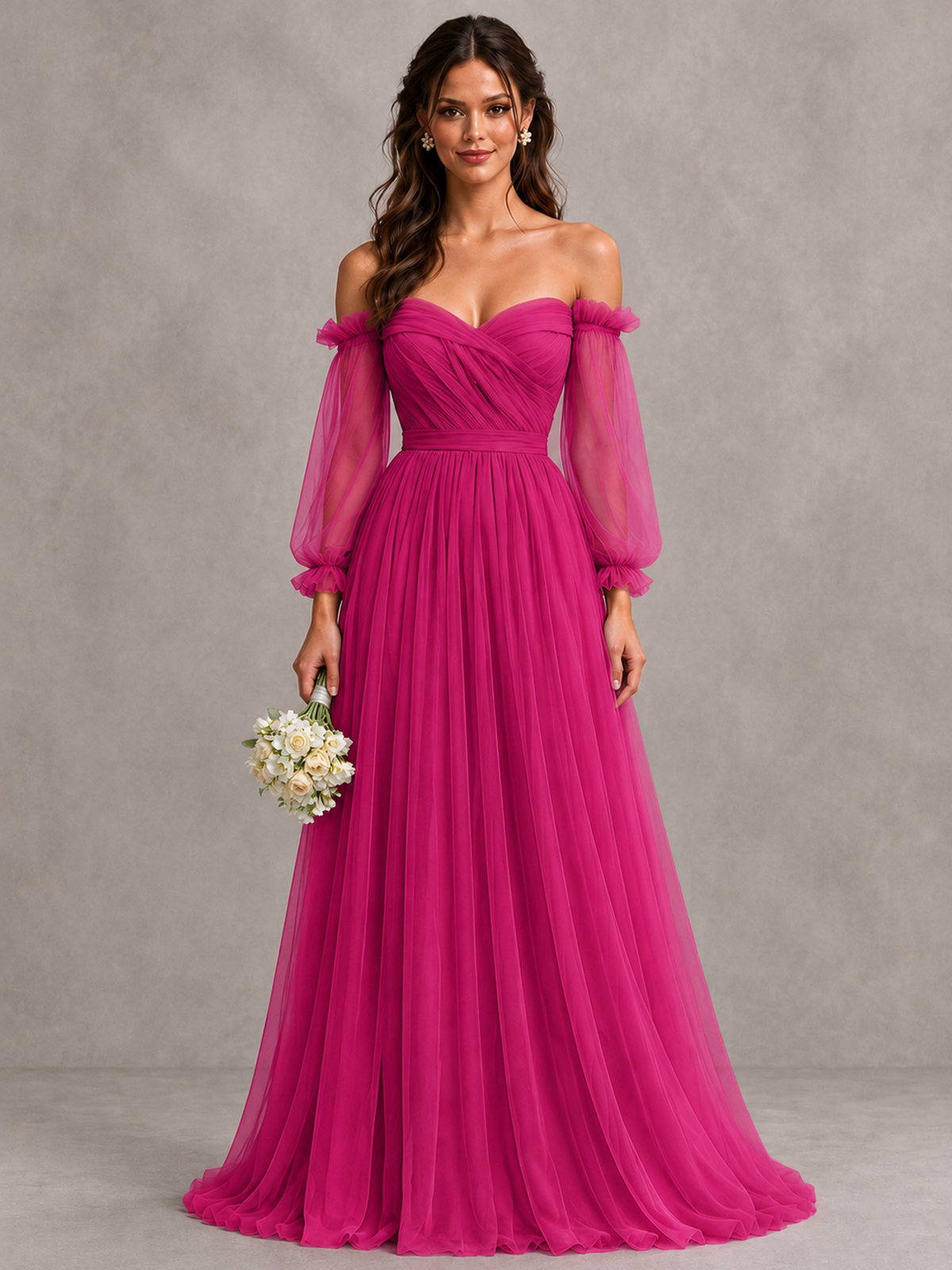 BOLODOO Hot Pink Off-the-Shoulder Long Sleeve A-Line Bridesmaid Dress - Hot Pink - Hot Pink (1)