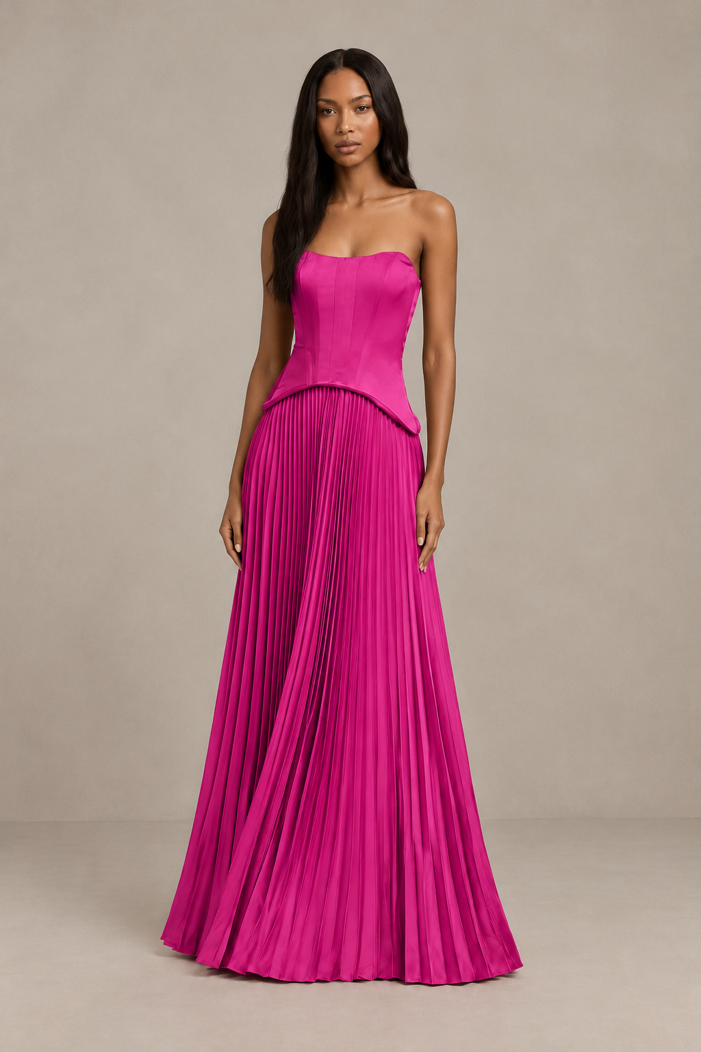 BOLODOO Hot Pink Strapless Pleated Satin Evening Prom Dress - Hot Pink