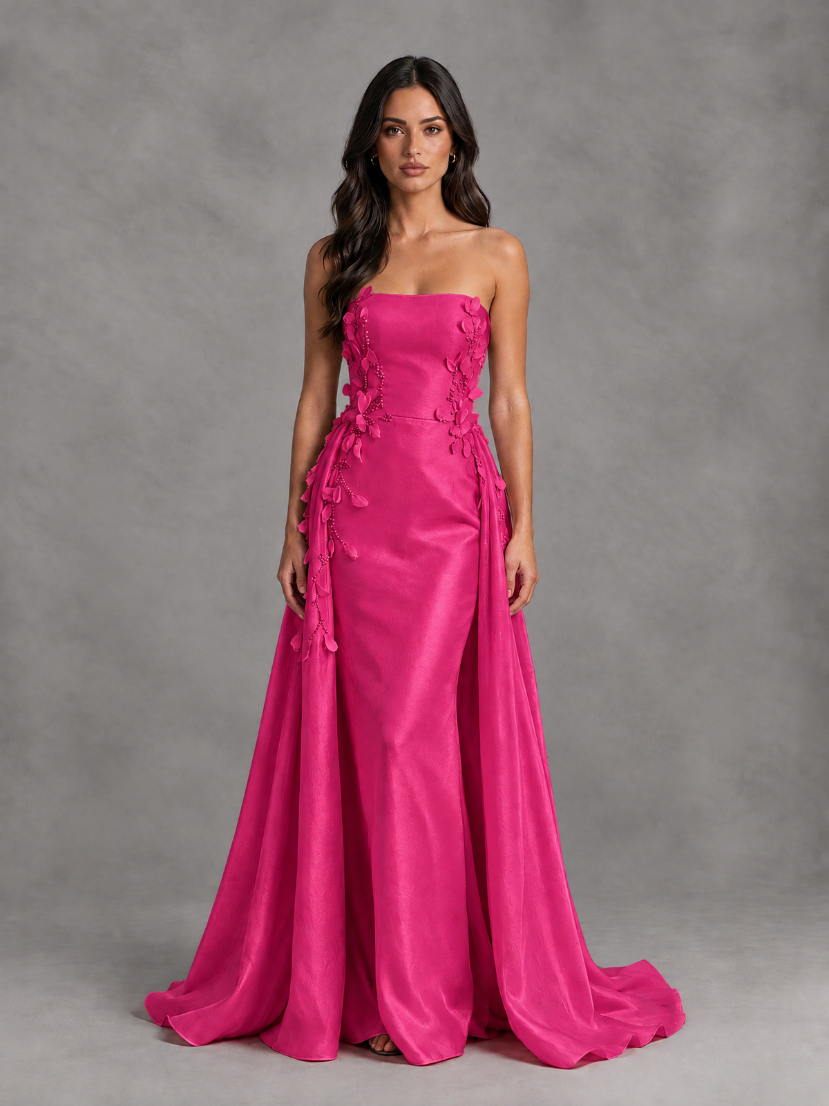 BOLODOO Hot Pink Strapless Floral Applique Prom Dress with Overskirt - Hot Pink - Hot Pink (1)