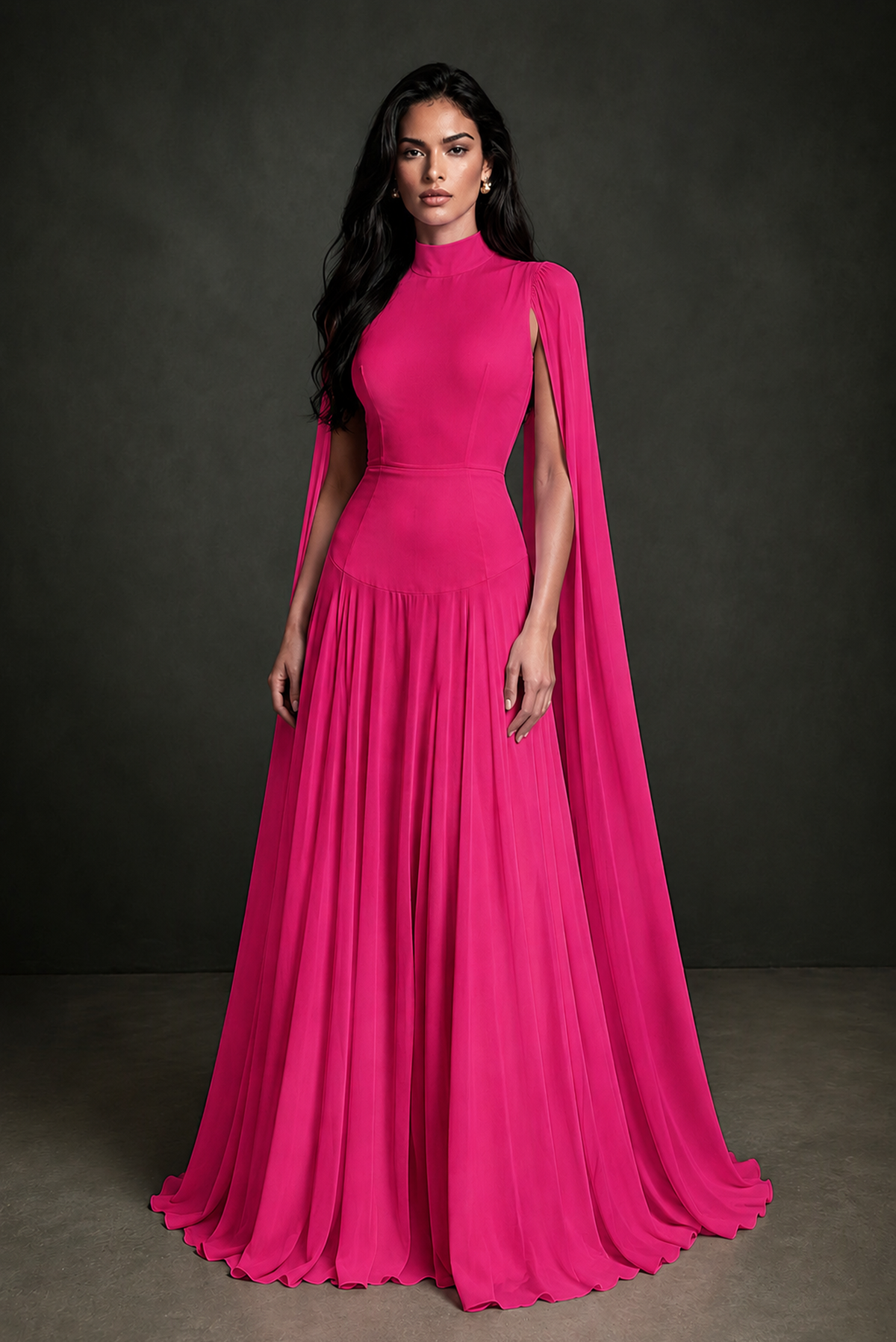 BOLODOO Hot Pink Mock Neck Cape Sleeve A-Line Chiffon Maxi Dress - Hot Pink