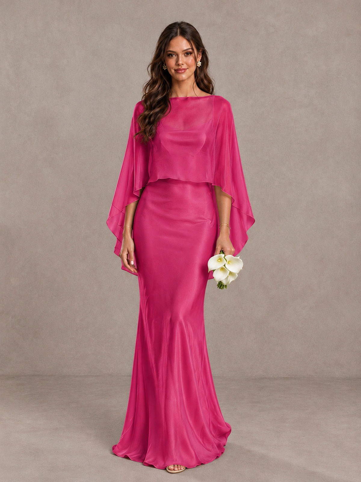 BOLODOO Hot Pink Satin Mermaid Bridesmaid Dress with Chiffon Cape - Hot Pink - Hot Pink (1)