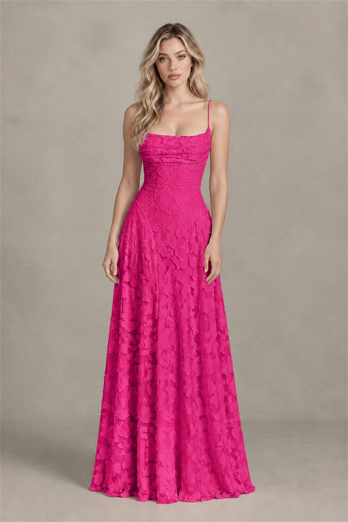 BOLODOO Hot Pink Floral Appliqué Lace-Up Back Maxi Dress - Hot Pink