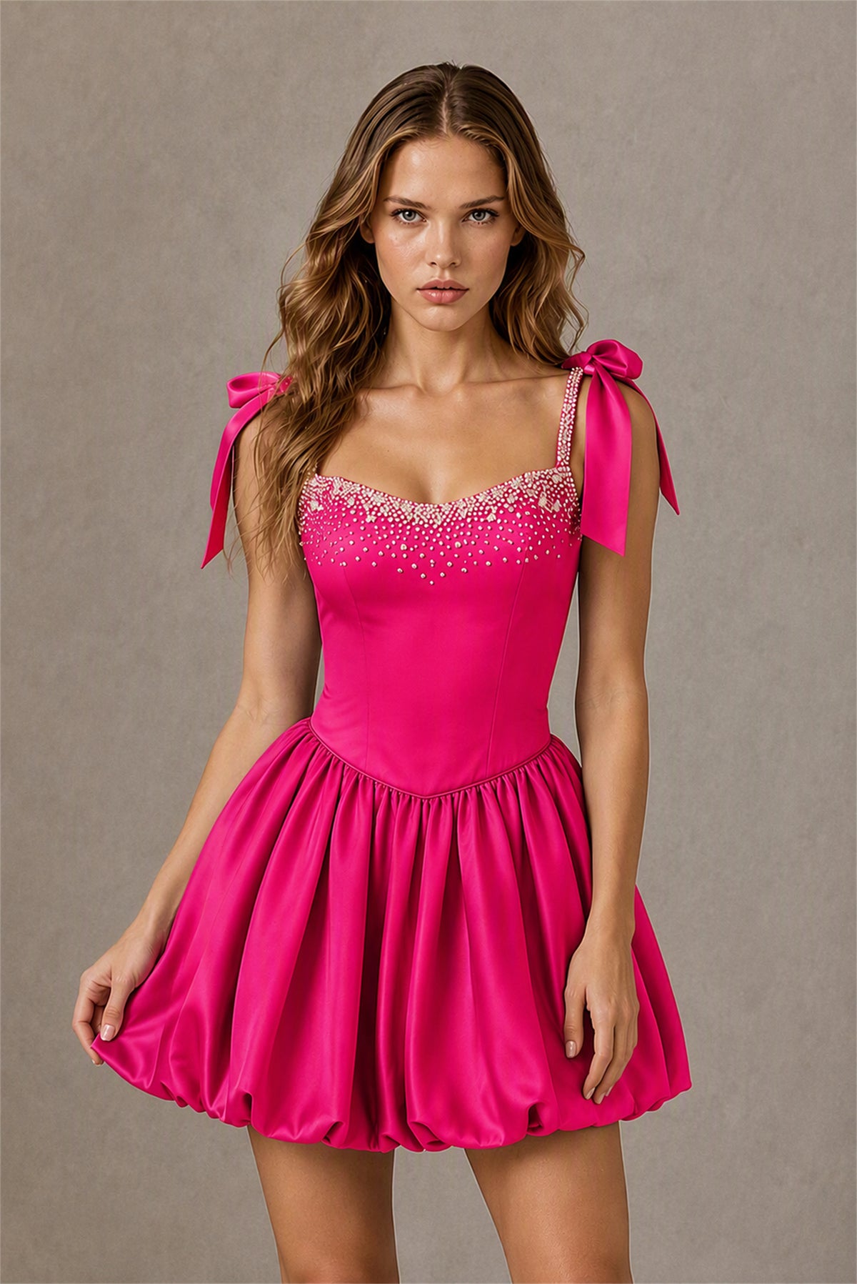 BOLODOO Hot Pink Satin Pearl Embellished Sweetheart Bow Strap Bubble Hem Mini Dress | Cocktail Prom Homecoming Dress - Hot Pink