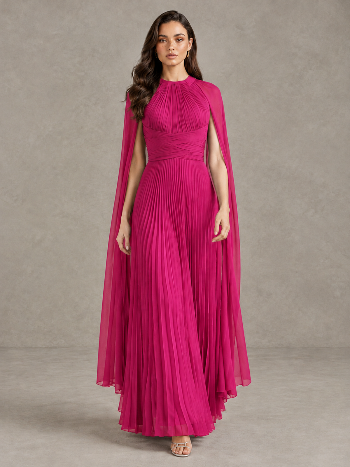 BOLODOO Hot Pink Pleated Cape Maxi Wedding Guest Dress - Hot Pink - Hot Pink (1)