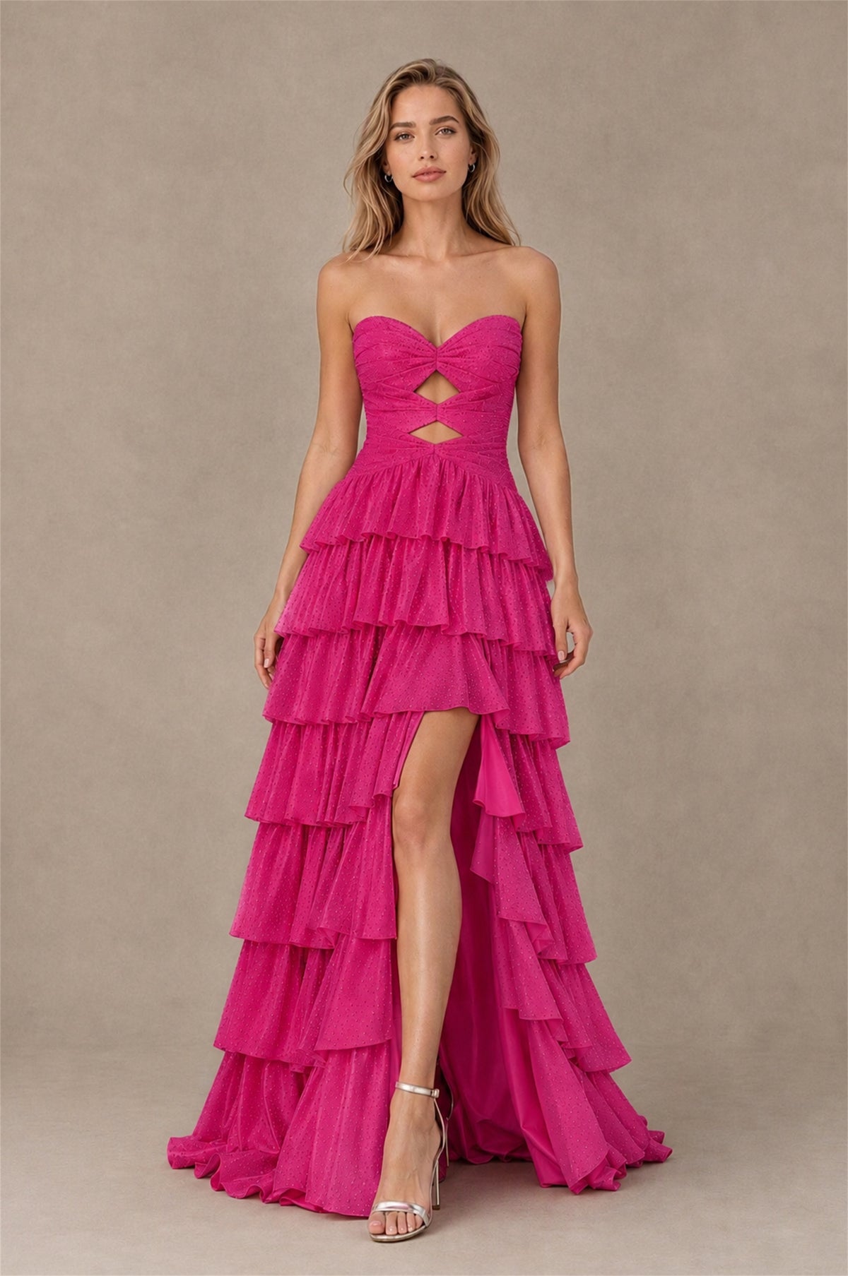 BOLODOO Hot Pink Strapless Cutout Tiered Ruffle Prom Dress with High Slit - Hot Pink - Hot Pink (1)