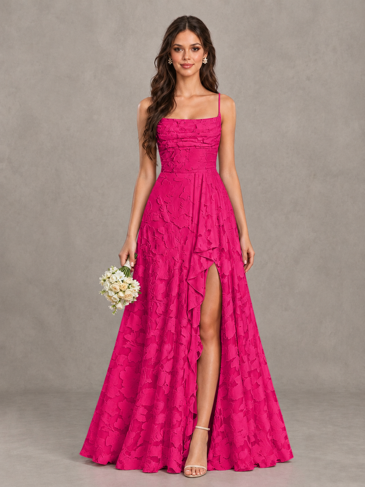 BOLODOO Hot Pink Floral Appliqué Slit Maxi Dress - Hot Pink - Hot Pink (1)