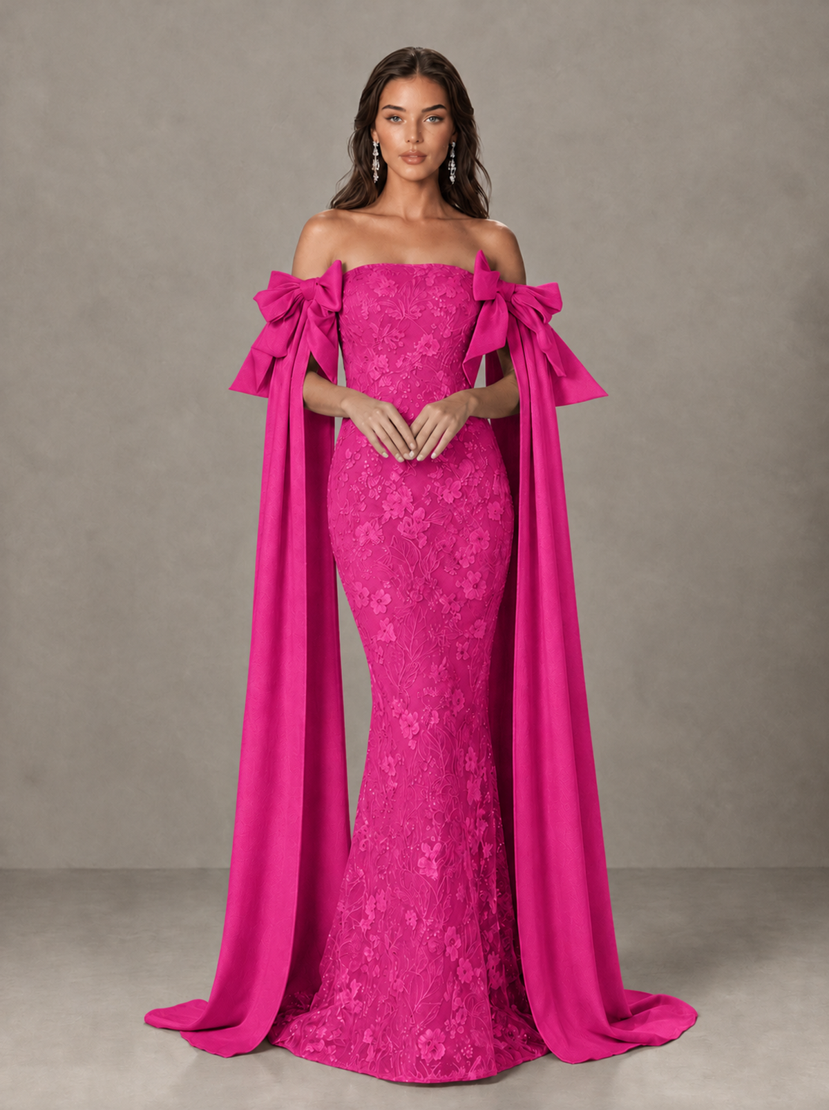 BOLODOO Hot Pink Floral Lace Mermaid Prom Dress with Off-Shoulder Bows - Hot Pink - Hot Pink (1)