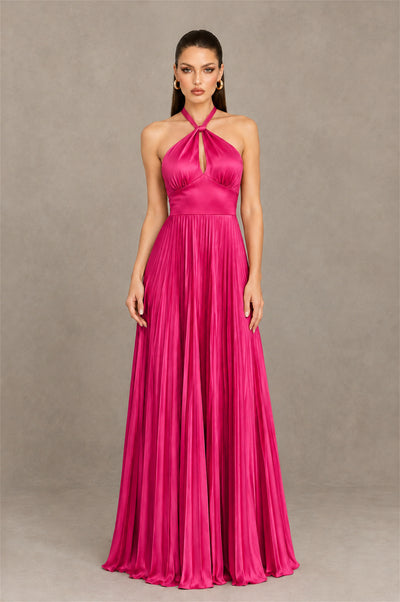 BOLODOO Hot Pink Halter Pleated A-Line Evening Dress - Hot Pink