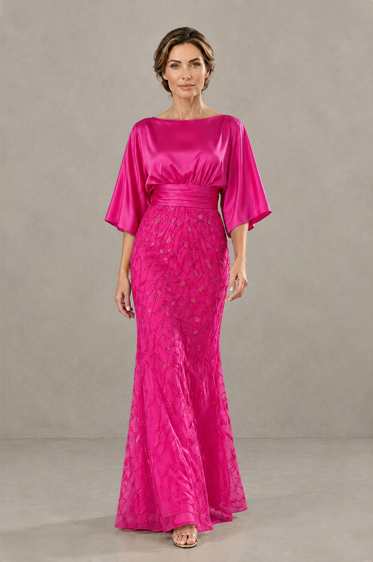 BOLODOO Hot Pink Mother of the Bride Dress with Kimono Sleeves, Satin Bodice & Sequin Embroidered Mermaid Floor-Length Gown - Hot Pink - Hot Pink (1)