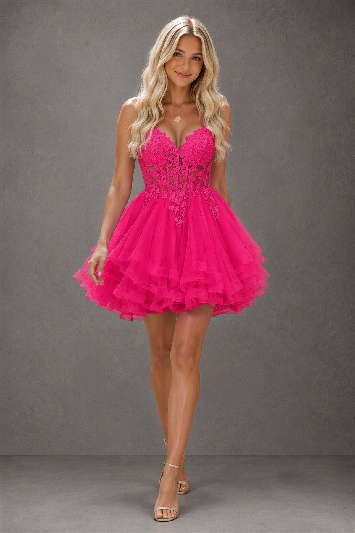 BOLODOO Hot Pink 3D Floral Lace Corset Deep V Spaghetti Strap Tiered Tulle Mini Dress - Hot Pink