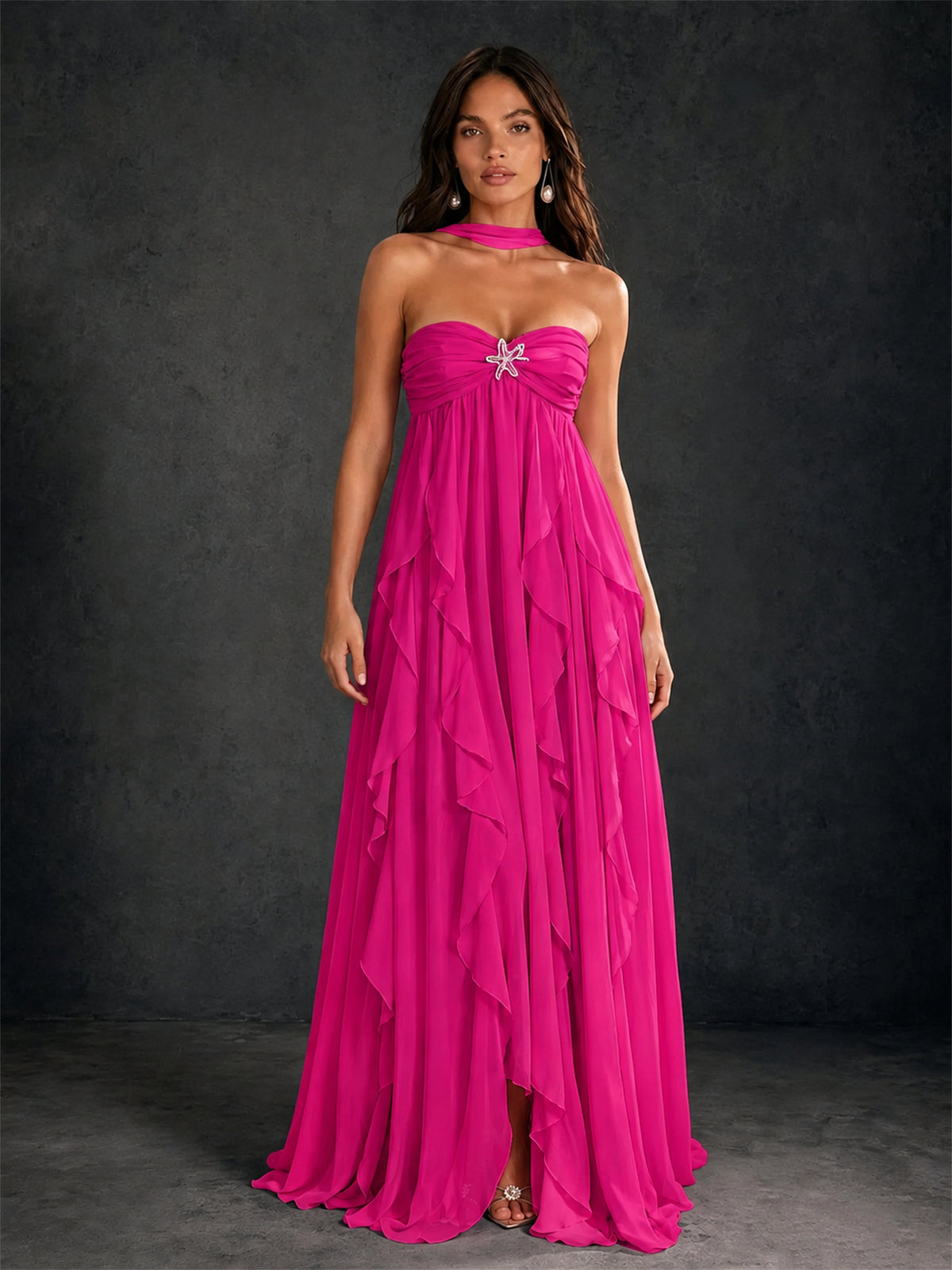 BOLODOO Hot Pink Halter Neck Cascading Ruffle Chiffon Maxi Dress | Keyhole Open Back - Hot Pink