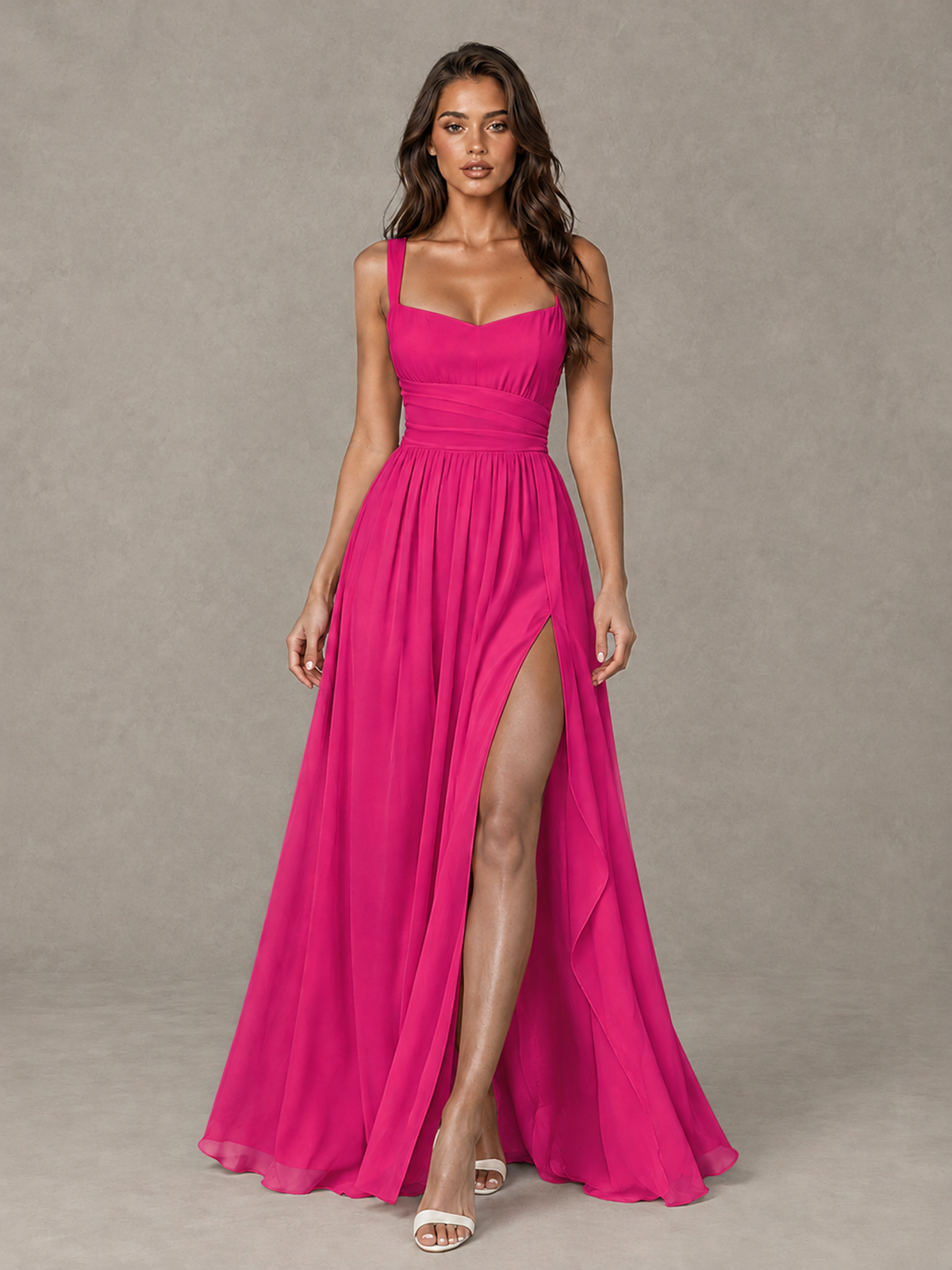 BOLODOO Hot Pink A-Line Bridesmaid Dress with High Slit & Lace-Up Back - Hot Pink - Hot Pink (1)