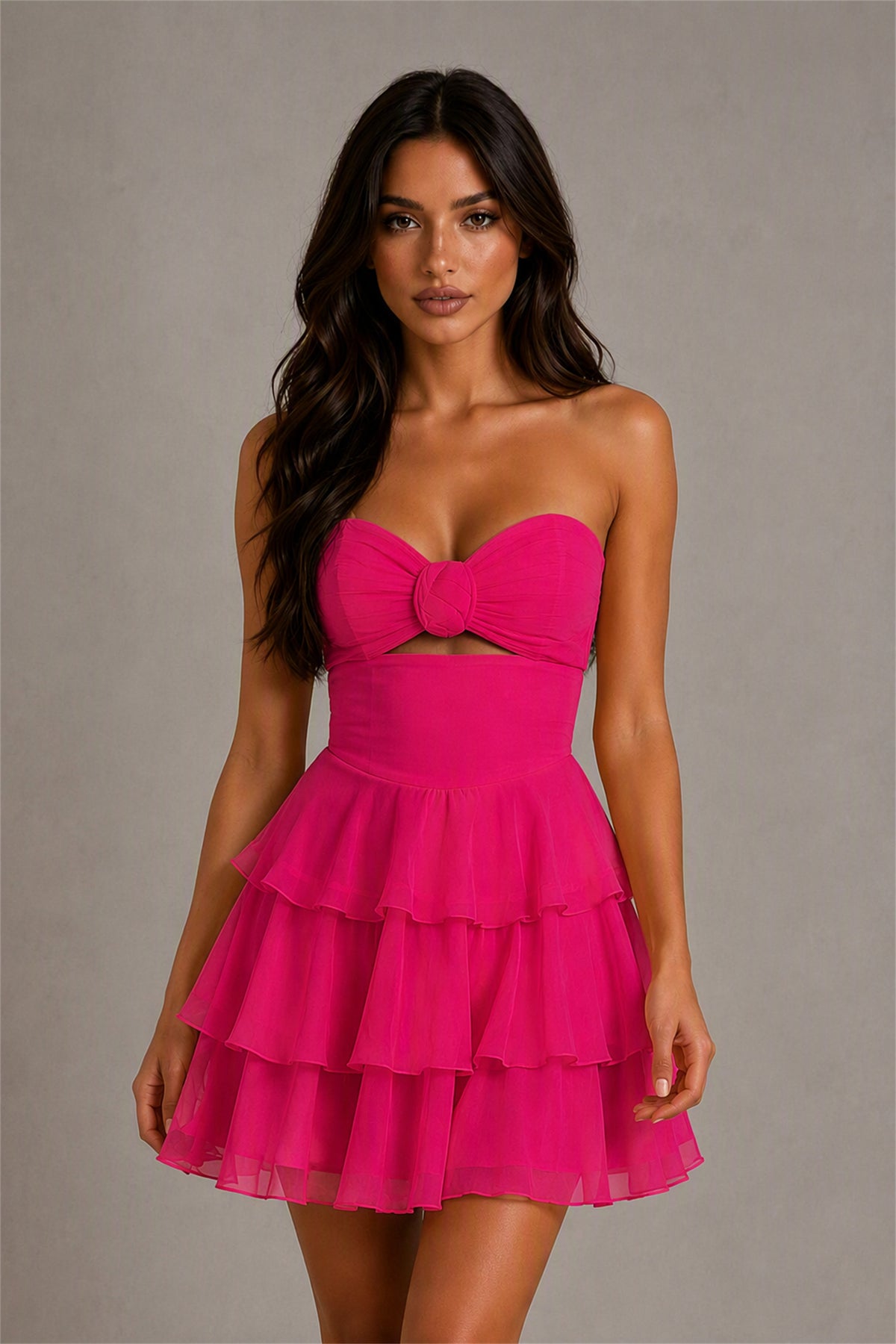 BOLODOO Hot Pink Strapless Sweetheart Cutout Tiered Ruffle Mini Dress | Homecoming Cocktail Party Dress - Hot Pink