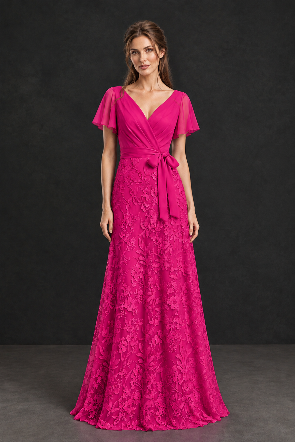 BOLODOO Hot Pink Flutter Sleeve Lace Mother of the Bride Dress - Hot Pink