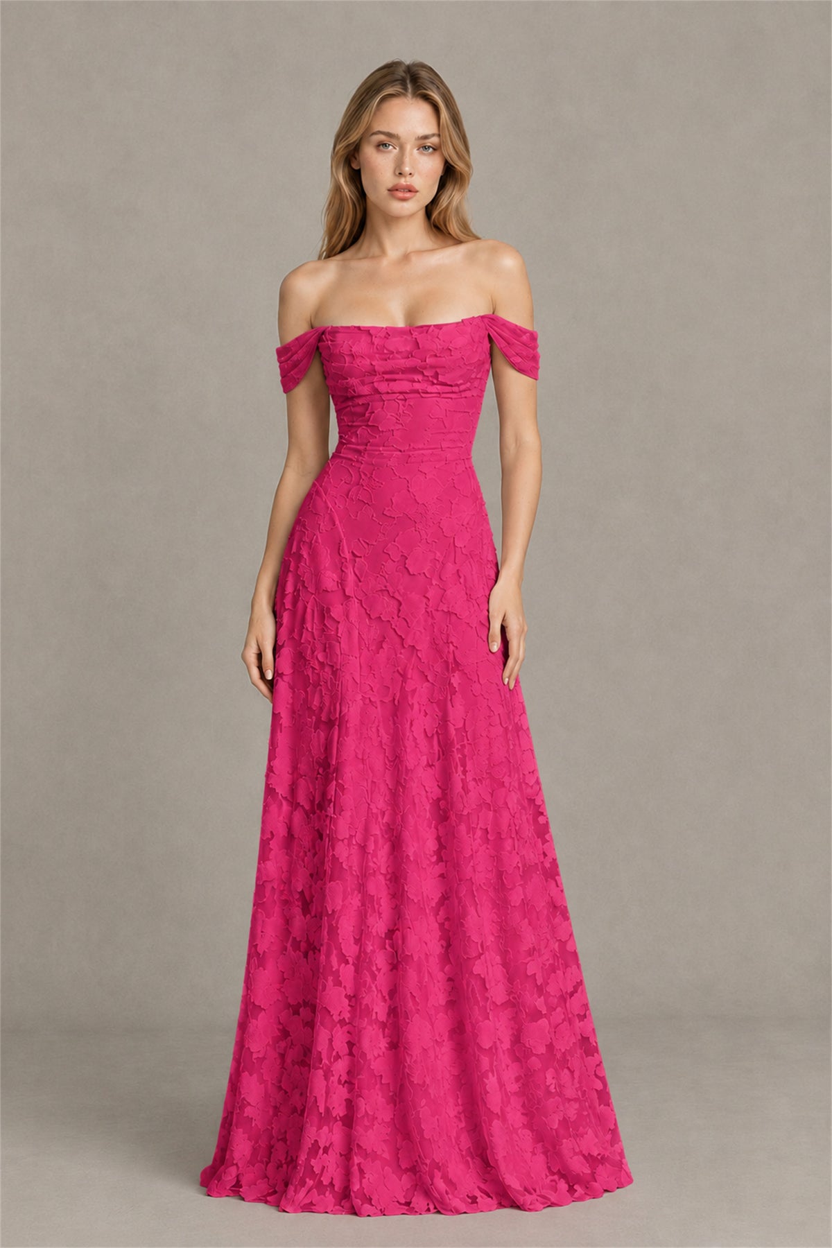 BOLODOO Hot Pink Off-Shoulder Pleated A-Line Maxi Dress Floral - Hot Pink