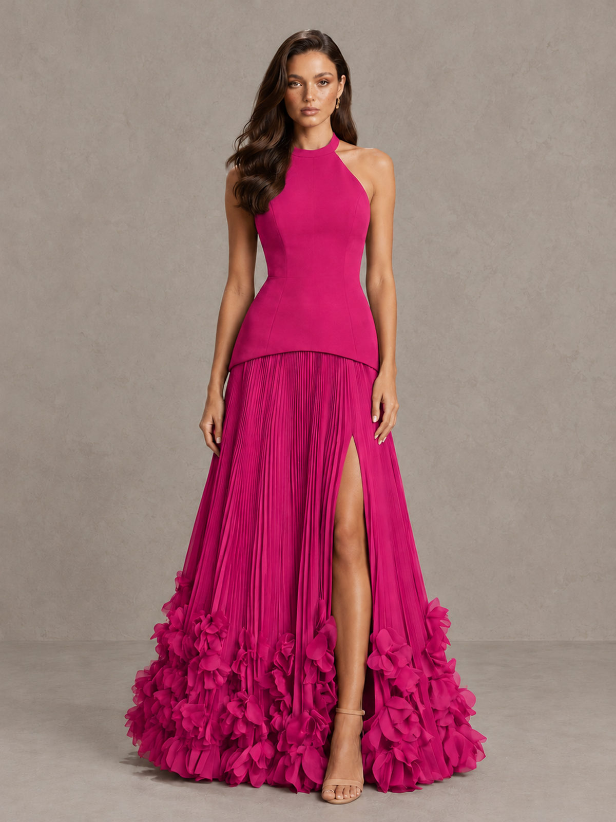 BOLODOO Hot Pink Halter Neck Floor-Length Evening Gown with High Slit & 3D Floral Hem - Hot Pink - Hot Pink (1)