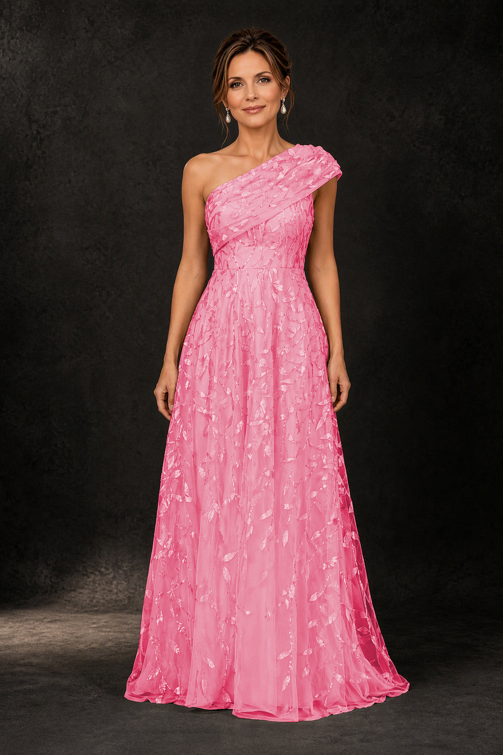 BOLODOO Hot Pink Leaf Sequin One-Shoulder A-Line Maxi Gown – Mother of the Bride & Formal Evening Dress - Hot Pink