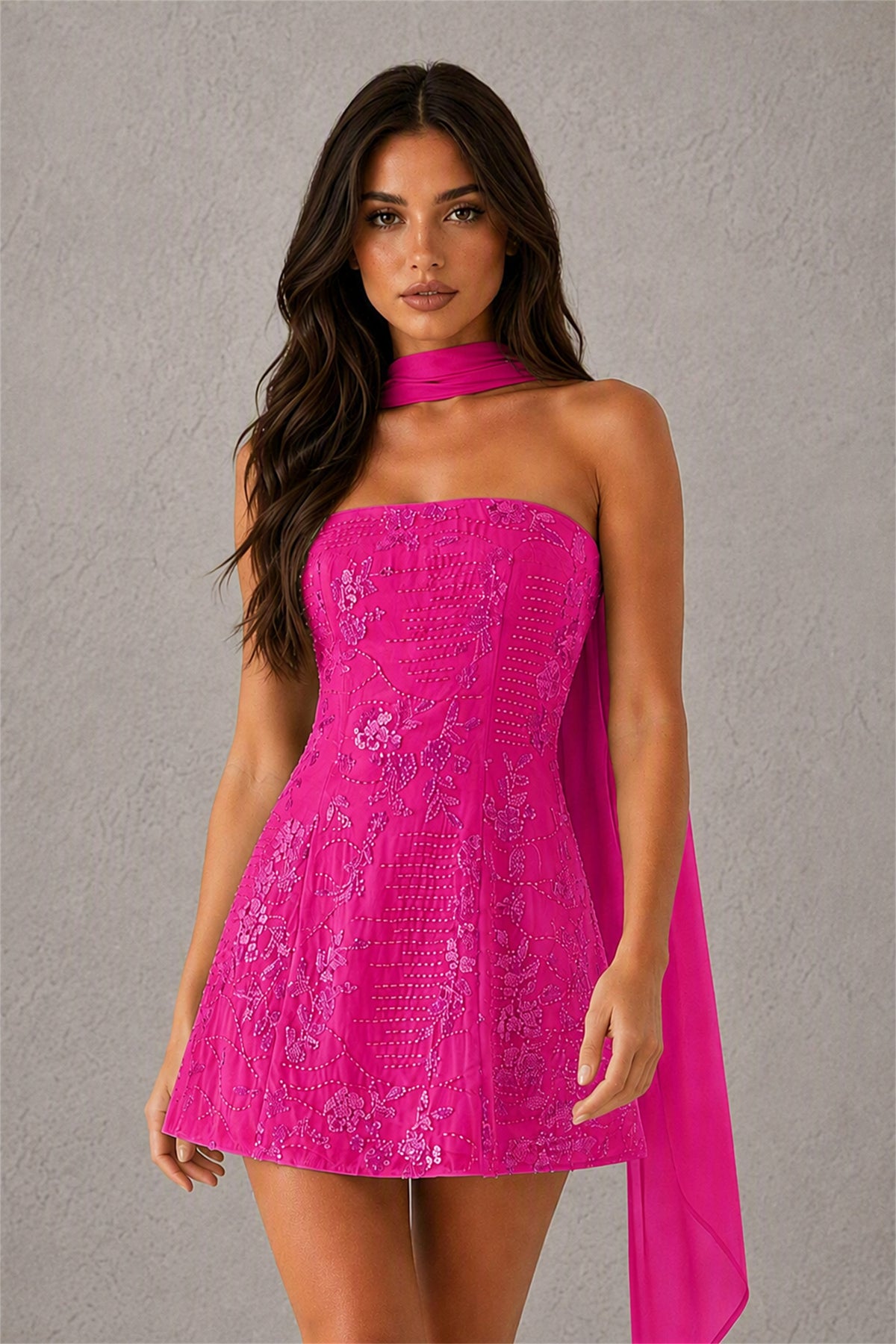 BOLODOO Hot Pink Strapless Sequin Floral Embroidered Mini Dress with Detachable Chiffon Neck Scarf - Hot Pink
