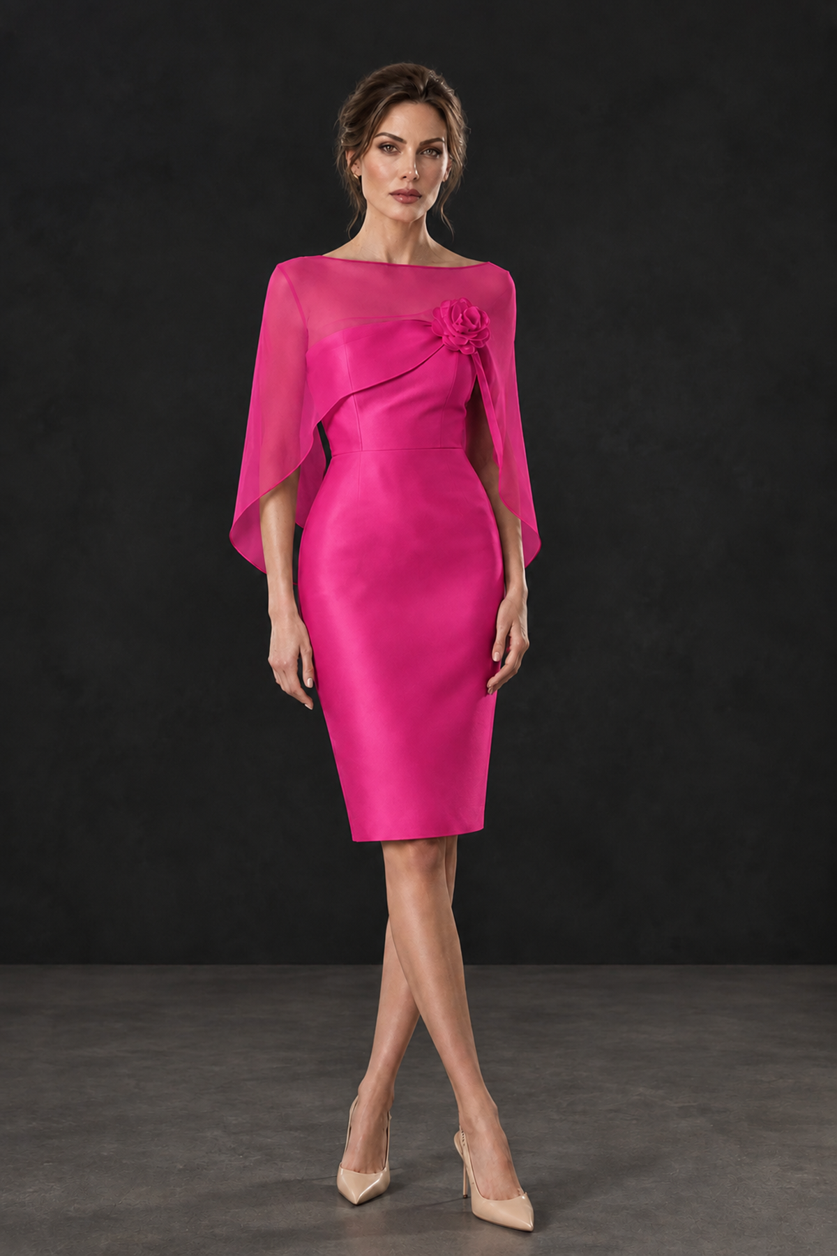 BOLODOO Hot Pink Cape Knee-Length Mother of the Bride Dress - Hot Pink - Hot Pink (1)
