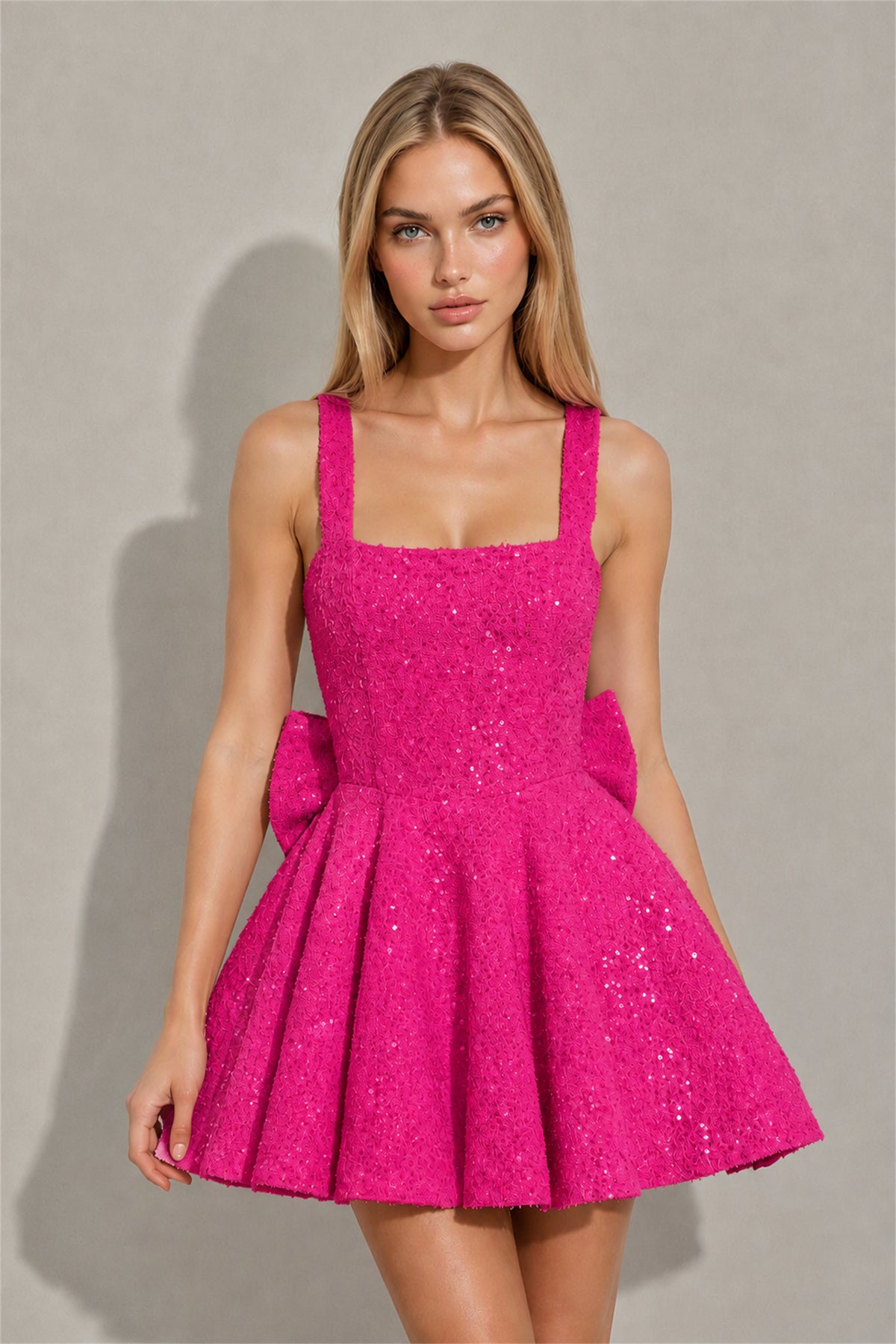 BOLODOO Hot Pink Sequin Square Neck Wide Strap Bow Waist Open Back Fit and Flare Mini Dress | Prom Birthday Party Dress - Hot Pink
