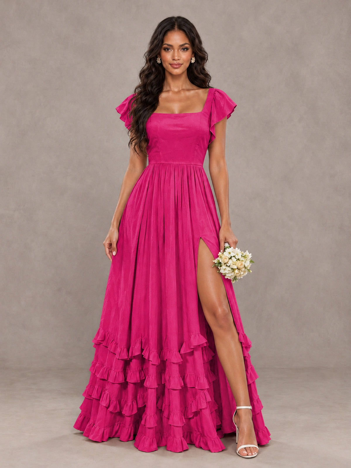 BOLODOO Hot Pink Flutter Sleeve Ruffle Bridesmaid Dress with Slit - Hot Pink - Hot Pink (1)